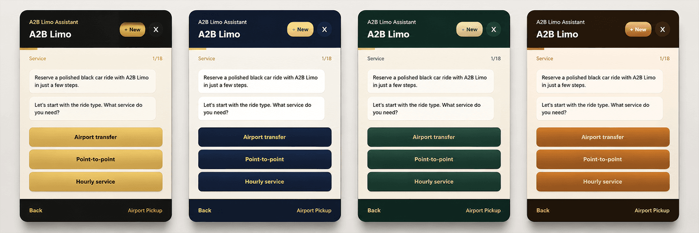 A2B Bookings widget shown in multiple customizable brand colorways
